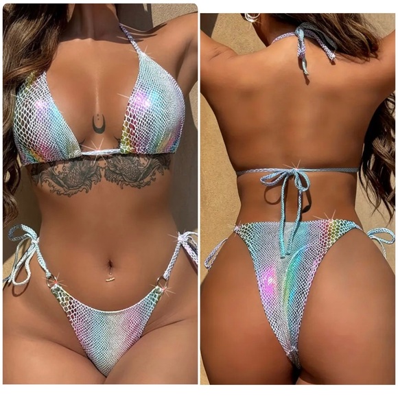 Pretty Woman Boutique Other - Holographic Snake Print Triangle Halter Cheeky Bikini Set